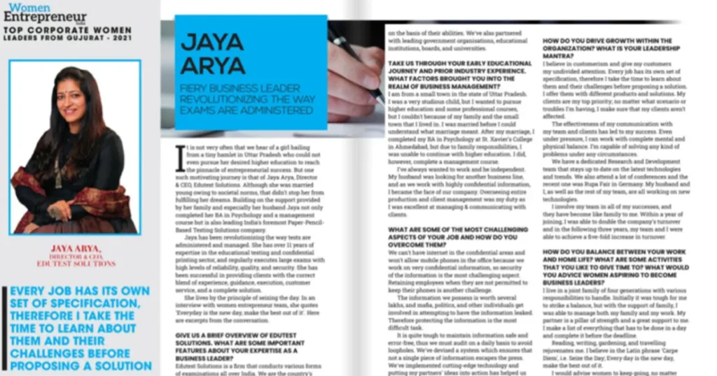 ‘Jaya Arya’ Shortlisted by Women Entrepreneur magazine for Top 10 Best Corporate Women Leaders from Gujarat 2021.