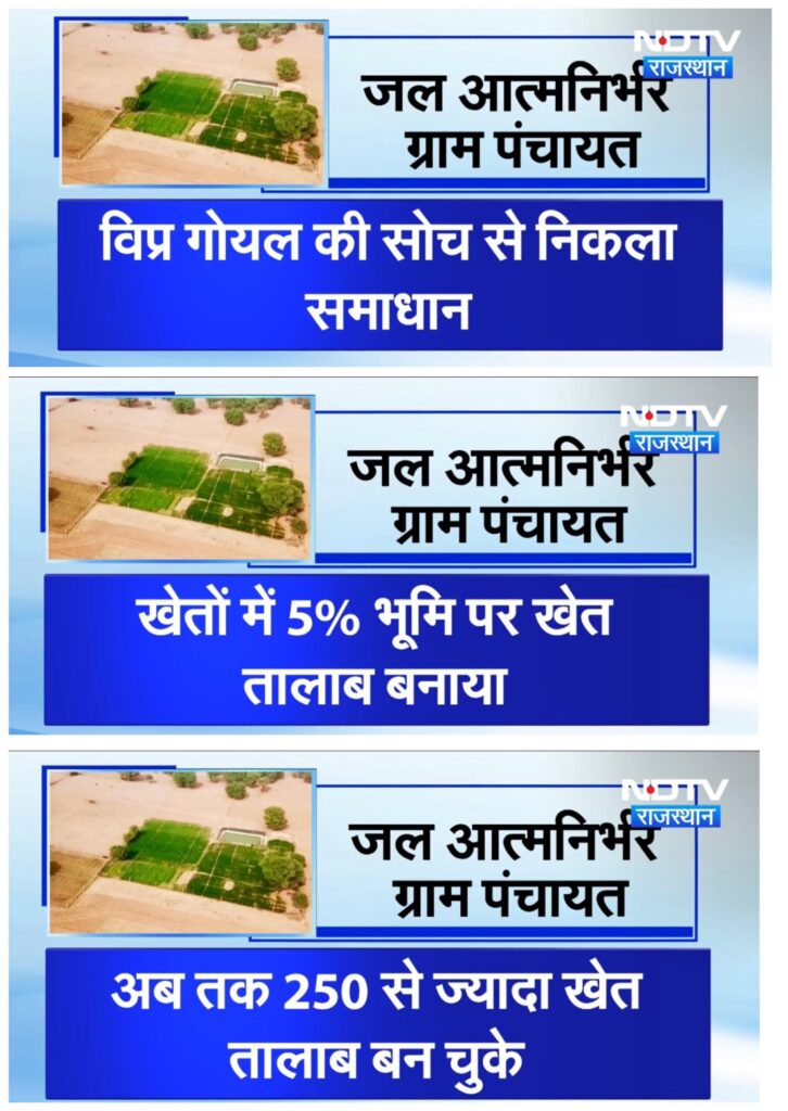 Aerial view of a sustainable farm pond in Rajasthan, part of a CSR initiative by Edutest Solutions. This water conservation model, spearheaded by Vipra Goyal, utilizes 5% of farmland for rainwater harvesting to create water self-reliant Gram Panchayats.