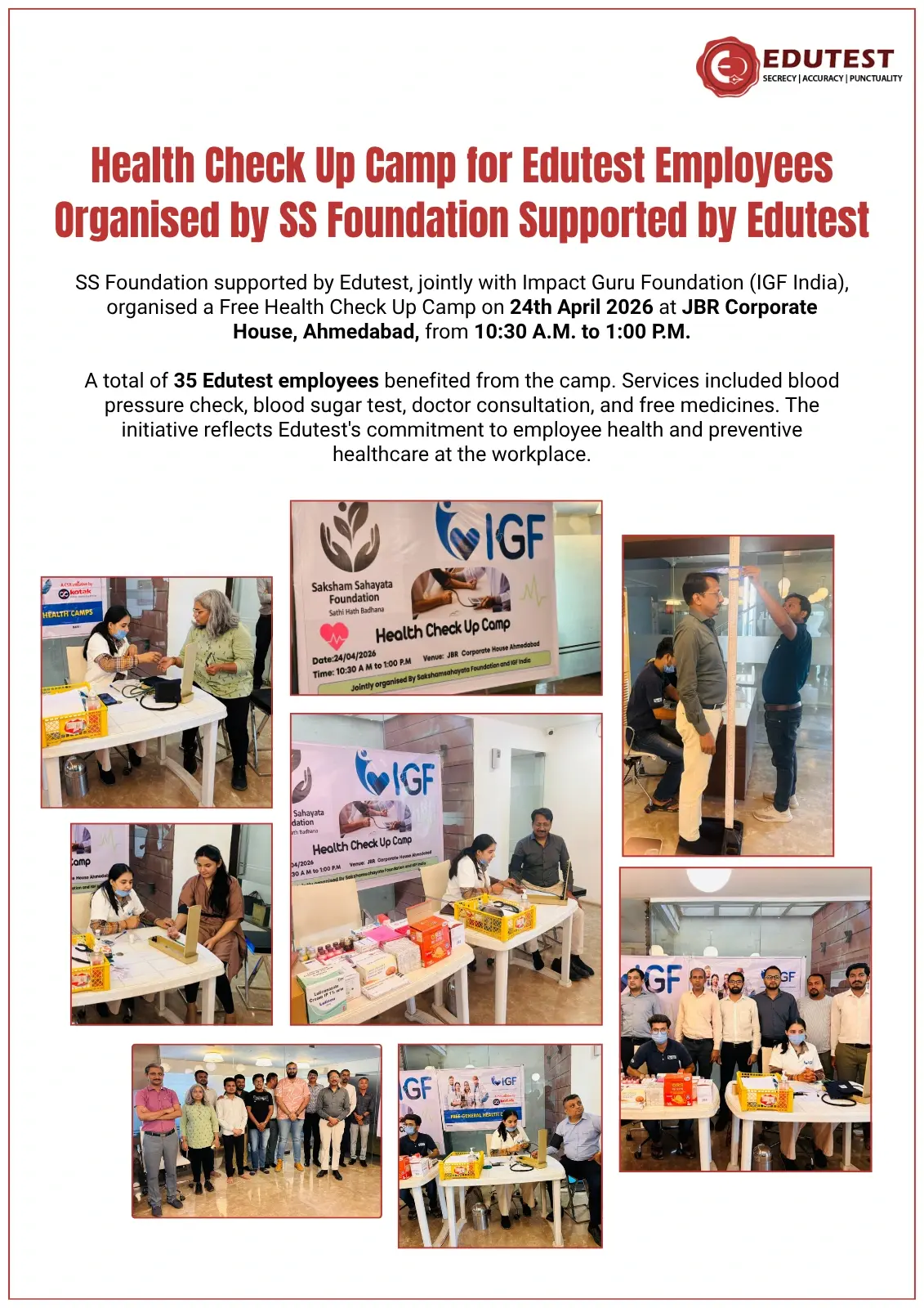Health Check-Up Camp for Edutest Employees Organised by SS Foundation with Support from Edutest Solution Pvt Ltd.