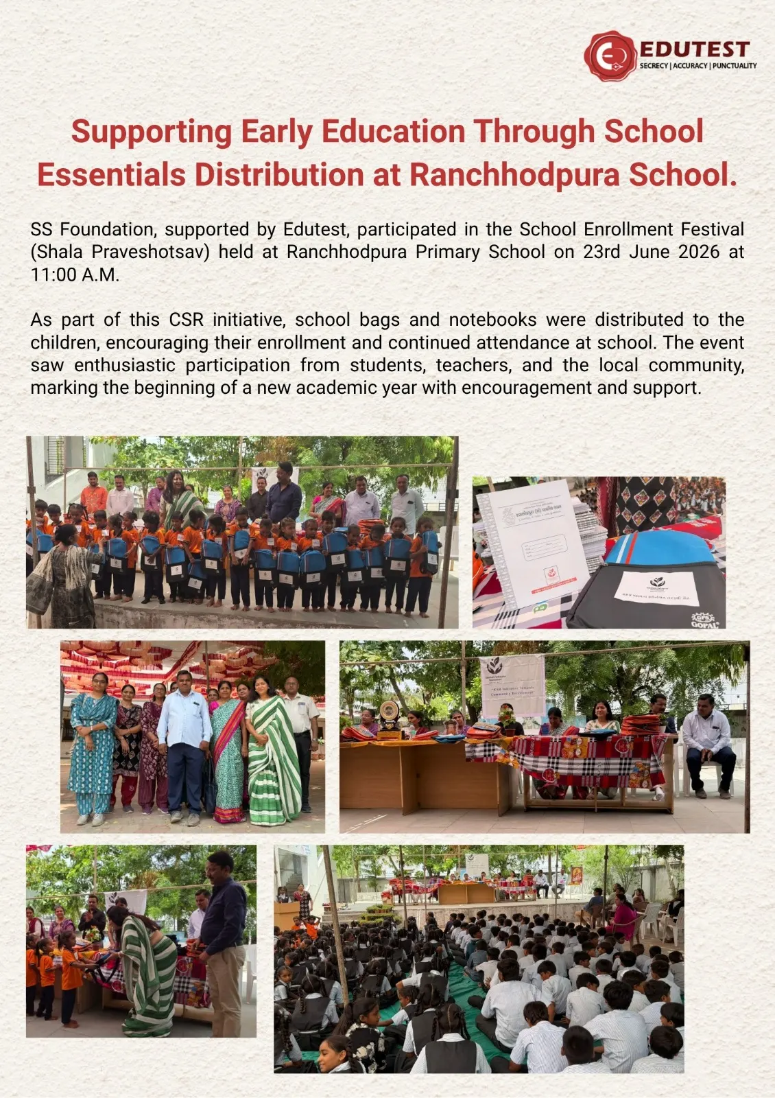 Supporting Early Education Through School Essentials Distribution at Ranchhodpura School.