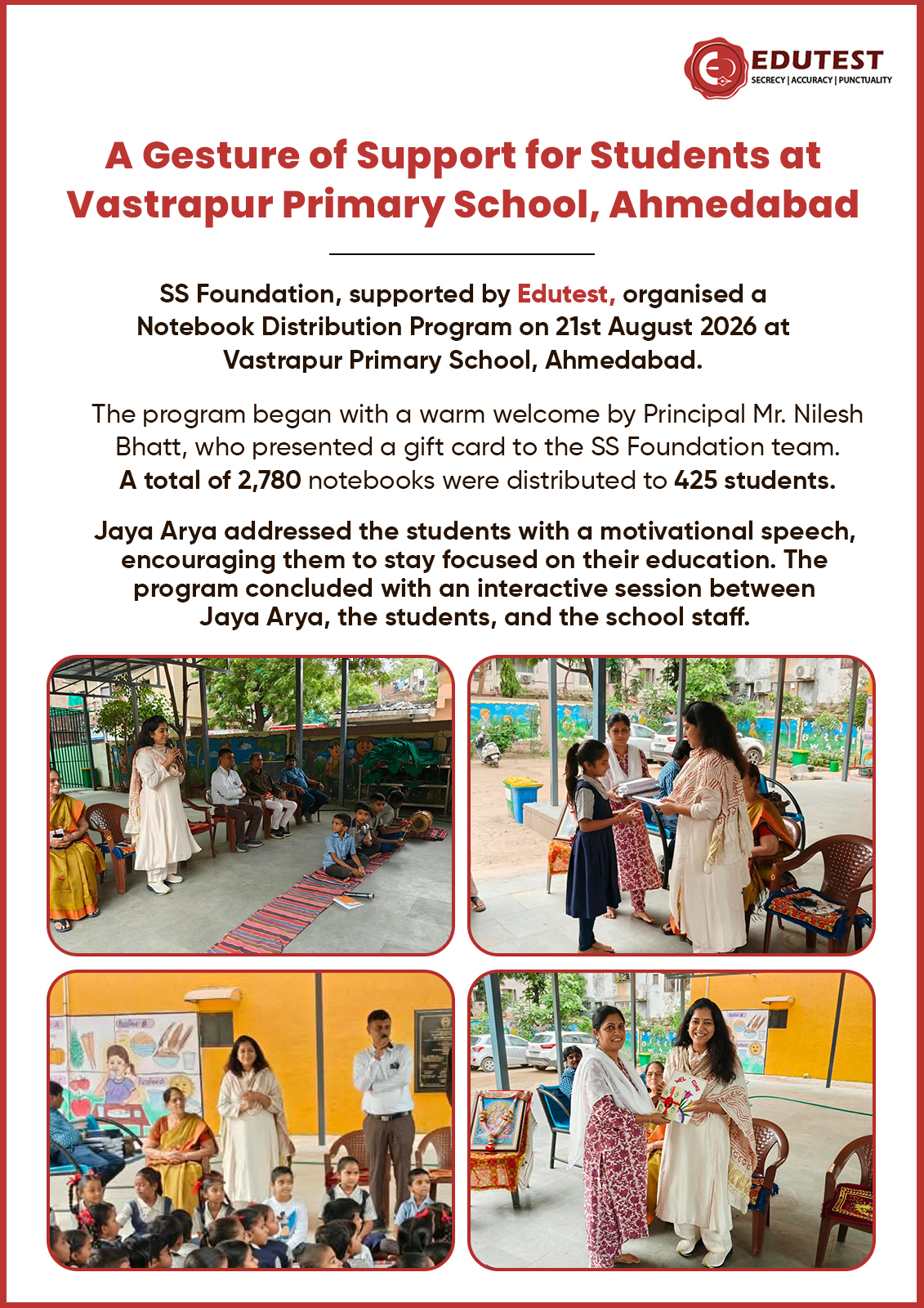 A Gesture of Support for Students at Vastrapur Primary School, Ahmedabad